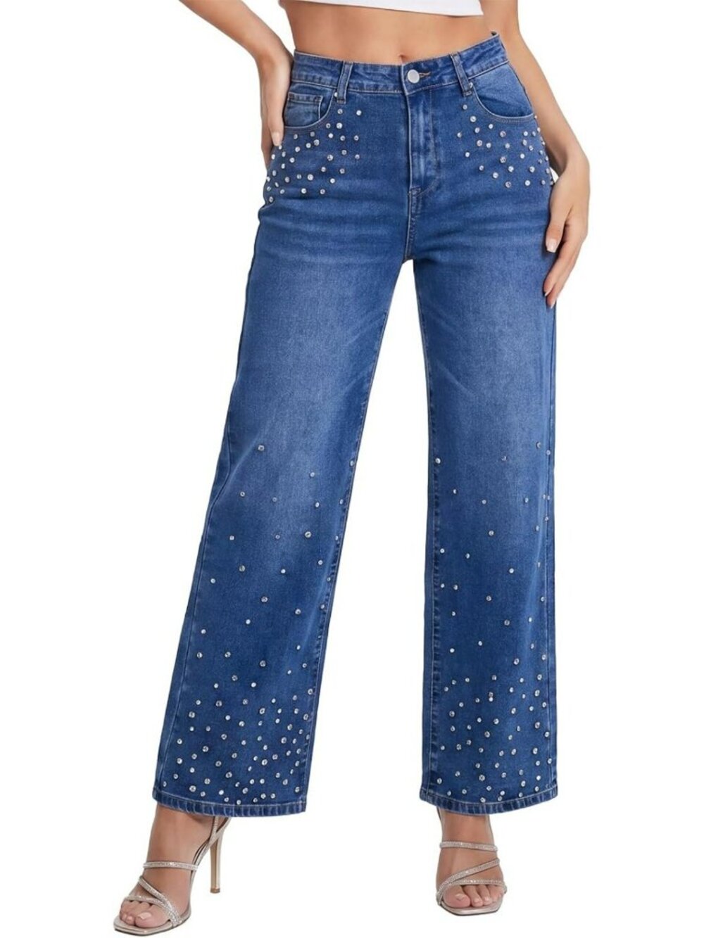 High-Waisted Stretchy Wide Leg Pearl Jeans with Rhinestones & Bling - Denim